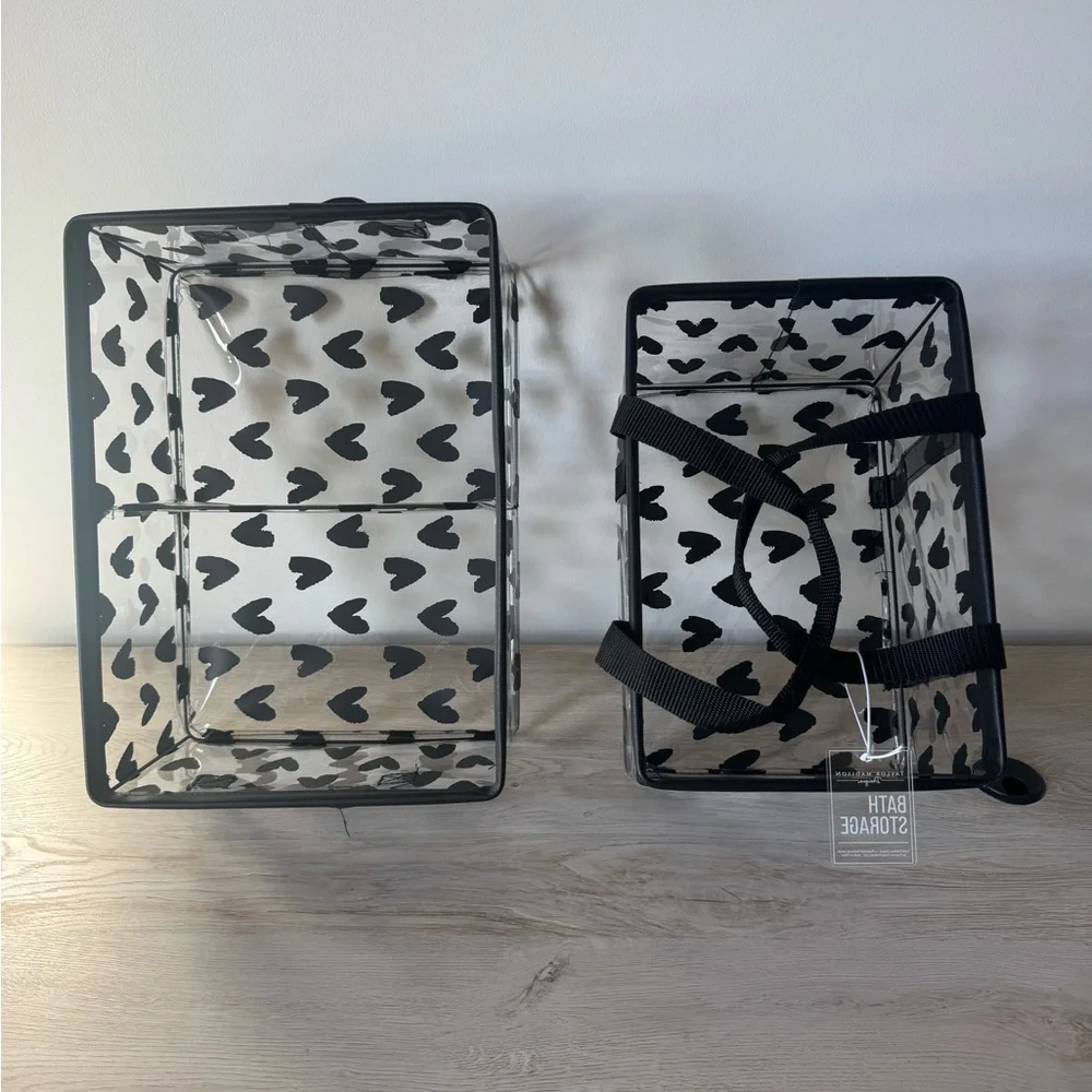 TAYLOR MADISON “BLACK WATER COLOR HEARTS” VINYL BATH STORAGE SET 2 BLACK HANDLES